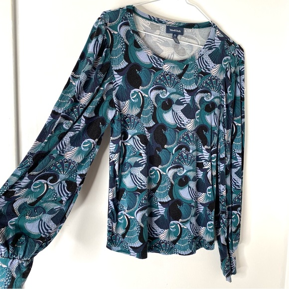 ModCloth Green Blue Peacock Paisley Long Sleeve Top - Picture 2 of 8